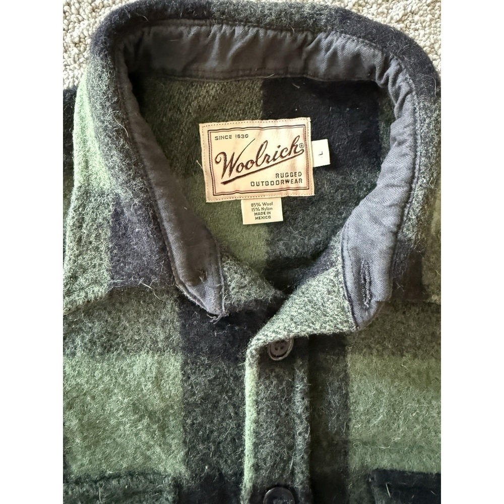 Vintage Woolrich Dark Green & Black Buffalo Wool Flannel Jacket Shirt Mens Large - Picture 5 of 7